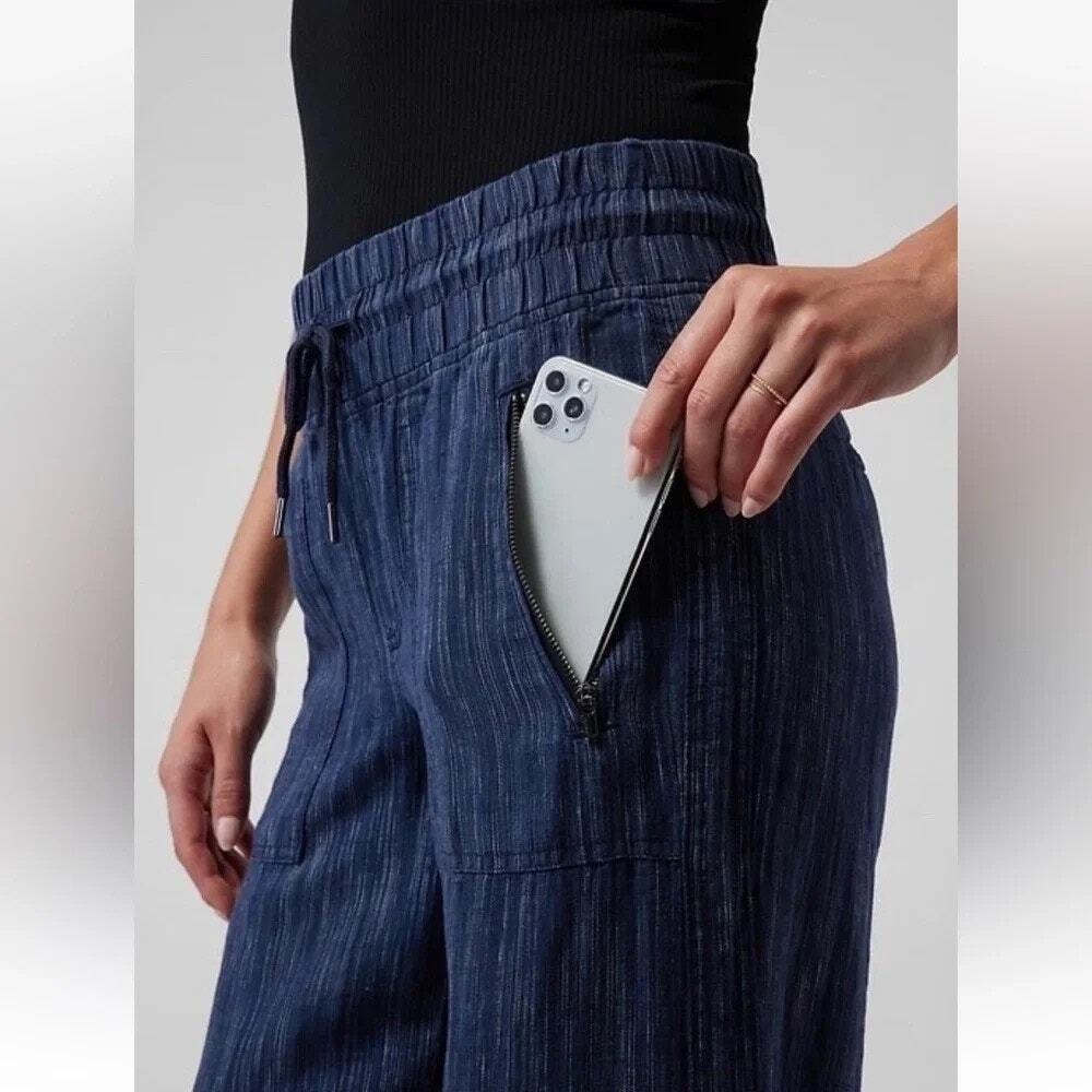 ATHLETA the Cabo Linen Textured Wide Leg Pant in Blue 100% Linen Women's Size 0 - Picture 2 of 15